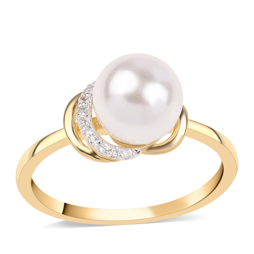 Inel din Argint 925 Placat cu Aur ( 1.94 grame ) cu Perlă de Apă Dulce Albă și Topaz Alb 4.3 Carate
