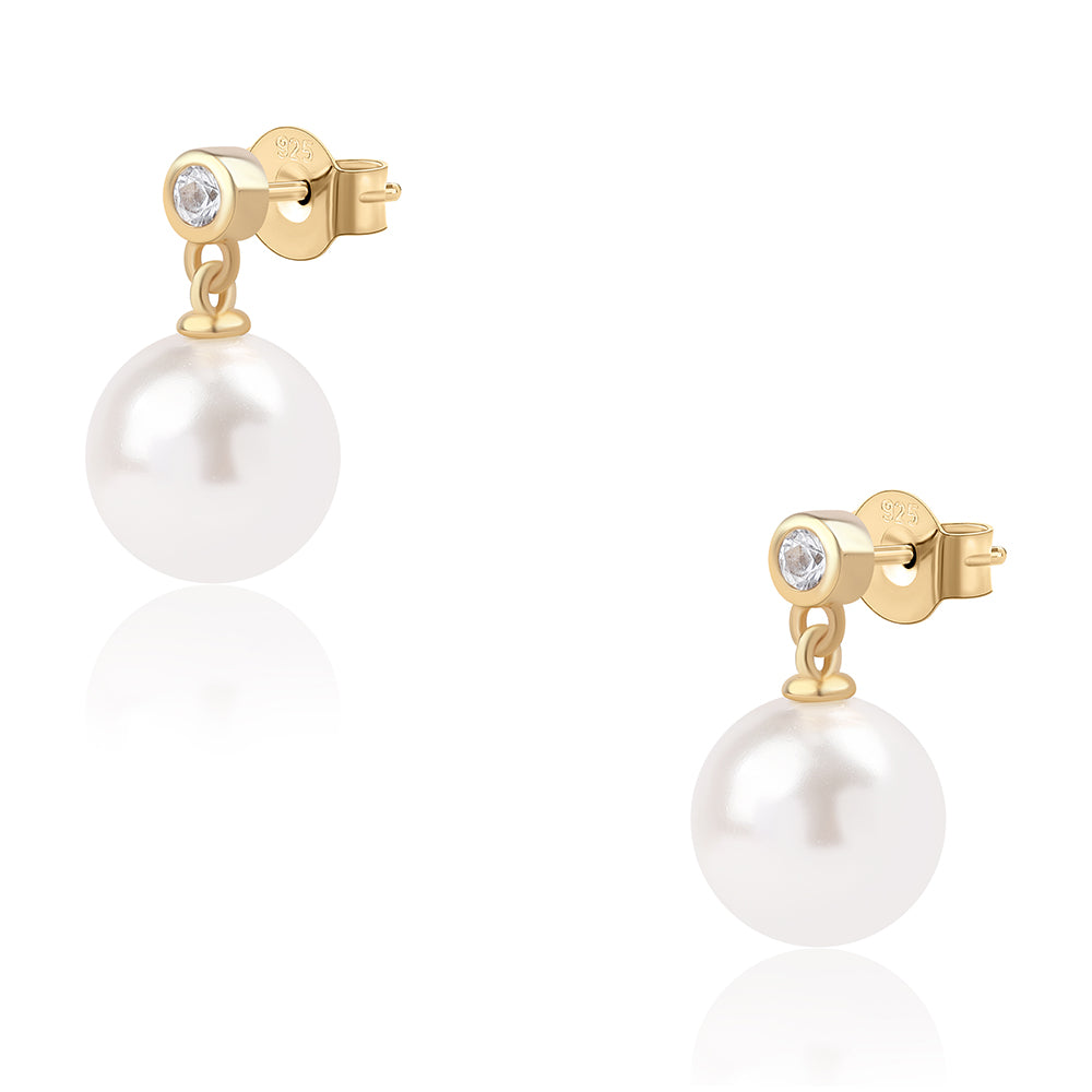 Cercei din Argint 925 Placat cu Aur ( 1.14 grame ) cu Perlă de Apă Dulce Albă și Topaz Alb 14.4 Carate