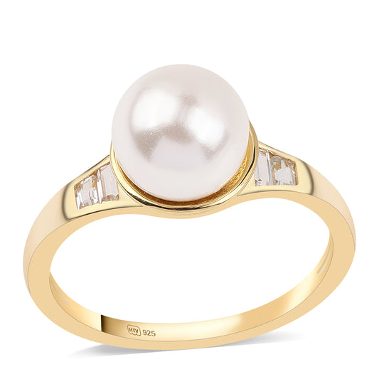 Inel din Argint 925 Placat cu Aur ( 2.21 grame ) cu Perlă de Apă Dulce Albă și Topaz Alb 4.51 Carate