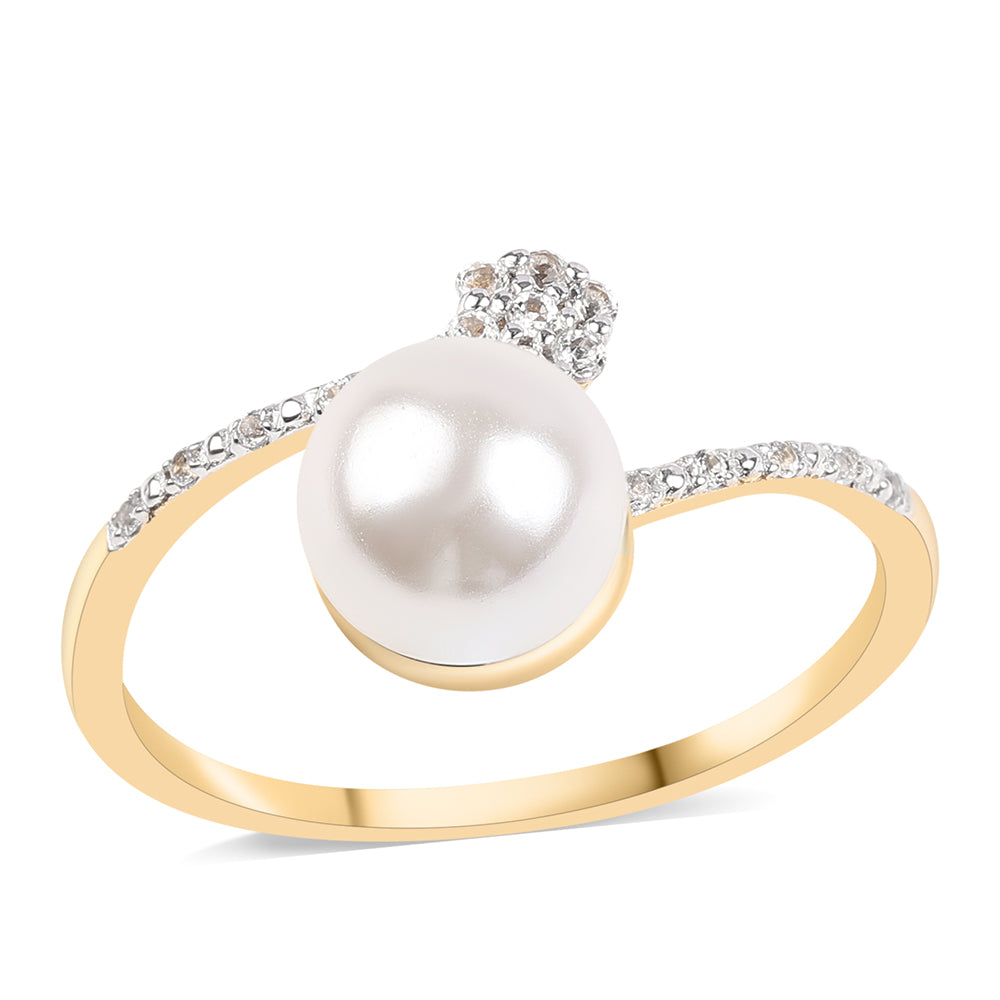 Inel din Argint 925 Placat cu Aur ( 1.64 grame ) cu Perlă de Apă Dulce Albă și Topaz Alb 4.2 Carate