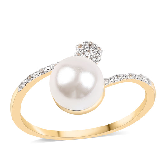 Inel din Argint 925 Placat cu Aur ( 1.64 grame ) cu Perlă de Apă Dulce Albă și Topaz Alb 4.2 Carate