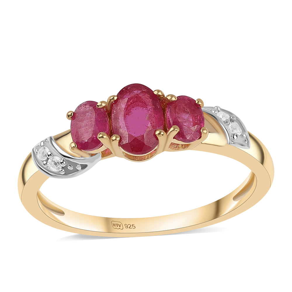 Inel din Argint 925 Placat cu Aur ( 1.65 grame ) cu Rubin Mozambic și Topaz Alb 1.12 Carate 1 