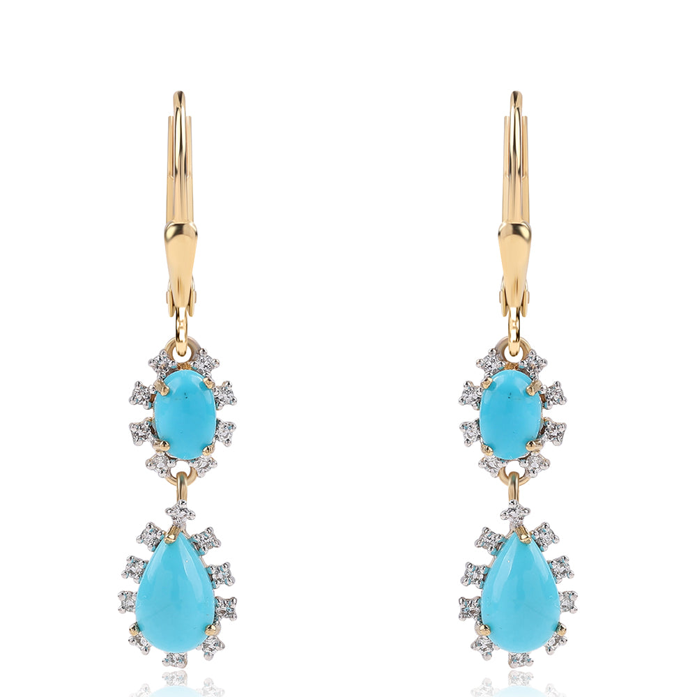 Cercei din Argint 925 Placat cu Aur ( 2 grame ) cu Turcoaz ”Frumoasa Adormită” și Topaz Alb 2.52 Carate