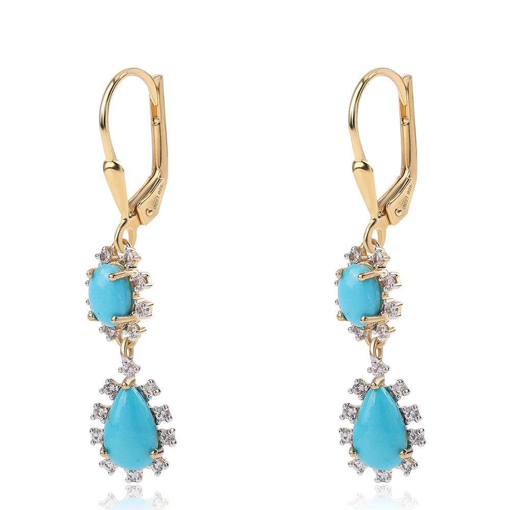 Cercei din Argint 925 Placat cu Aur ( 2 grame ) cu Turcoaz ”Frumoasa Adormită” și Topaz Alb 2.52 Carate