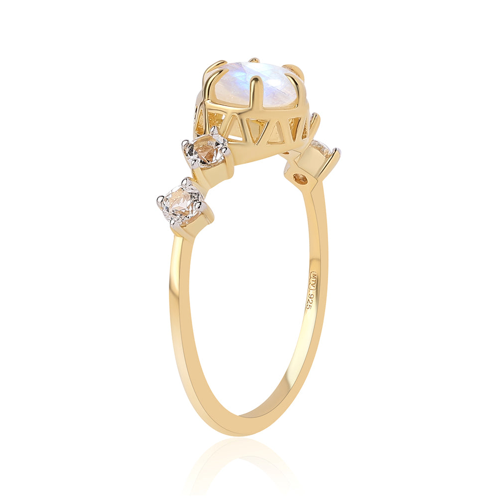 Inel din Argint 925 Placat cu Aur ( 1.87 grame ) cu Piatra Lunii Curcubeu Clasa ”AA” și Topaz Alb 2.7 Carate 2 