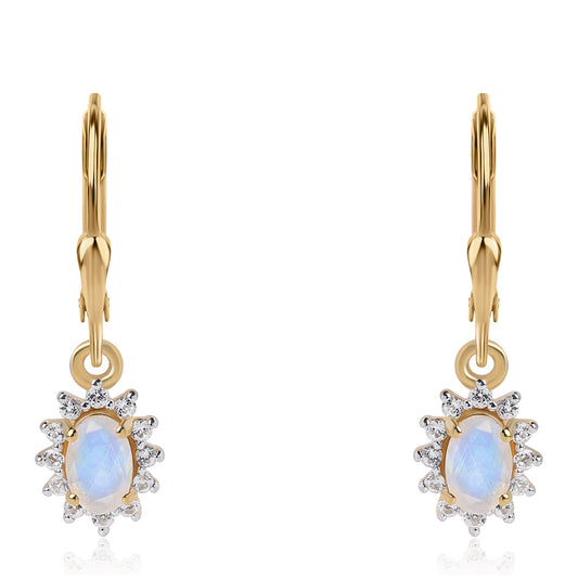 Cercei din Argint 925 Placat cu Aur ( 1.73 grame ) cu Piatra Lunii Curcubeu Clasa ”AA” și Topaz Alb 2.6 Carate