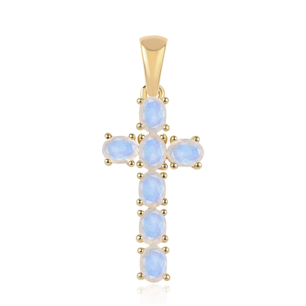 Cruce Pandantiv din Argint 925 Placat cu Aur ( 1.13 grame ) cu Piatra Lunii Curcubeu Clasa ”AA” 1.4 Carate 1 