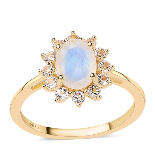 Inel din Argint 925 Placat cu Aur ( 1.85 grame ) cu Piatra Lunii Curcubeu Clasa ”AA” și Topaz Alb 1.32 Carate