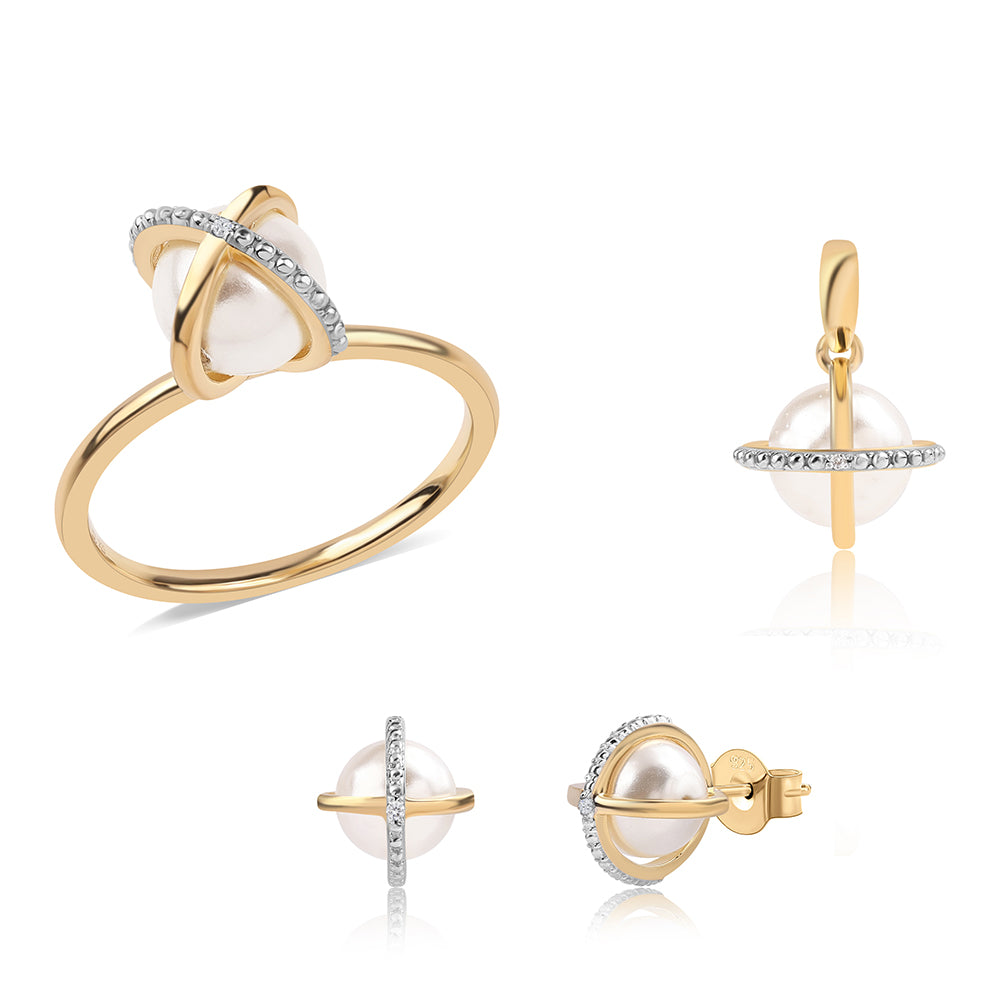 Set din Argint 925 Placat cu Aur ( 5.75 grame ) cu Perlă de Apă Dulce Albă și Topaz Alb 17.1 Carate ( Cercei+Inel+Pandantiv ) 1 