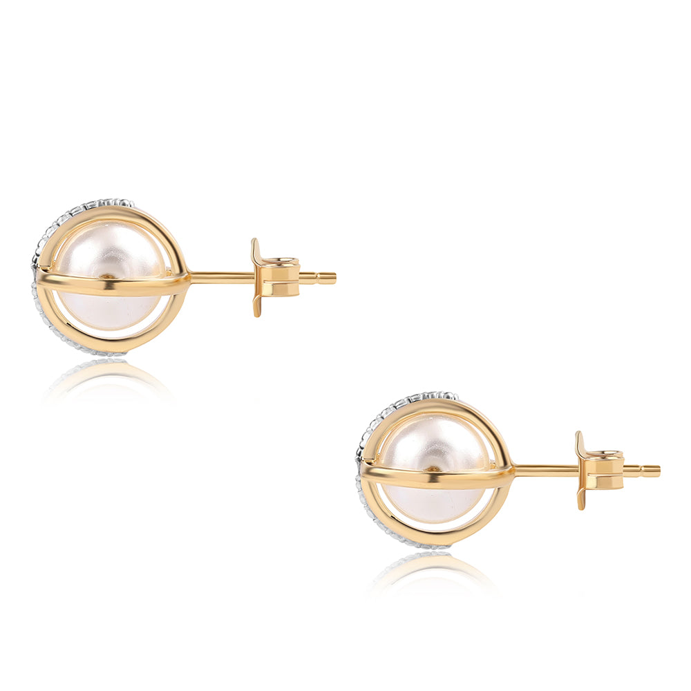 Set din Argint 925 Placat cu Aur ( 5.75 grame ) cu Perlă de Apă Dulce Albă și Topaz Alb 17.1 Carate ( Cercei+Inel+Pandantiv ) 6 