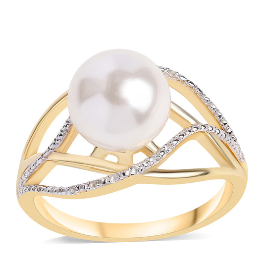 Inel din Argint 925 Placat cu Aur ( 3.57 grame ) cu Perlă de Apă Dulce Albă și Topaz Alb 7.31 Carate