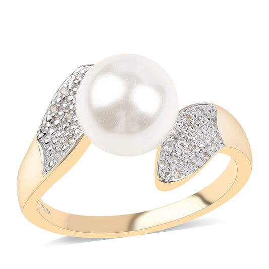 Inel din Argint 925 Placat cu Aur ( 4.2 grame ) cu Perlă de Apă Dulce Albă și Topaz Alb 7.38 Carate