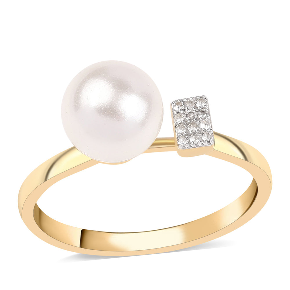 Inel din Argint 925 Placat cu Aur ( 2.1 grame ) cu Perlă de Apă Dulce Albă și Topaz Alb 4.37 Carate 1 