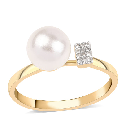 Inel din Argint 925 Placat cu Aur ( 2.1 grame ) cu Perlă de Apă Dulce Albă și Topaz Alb 4.37 Carate