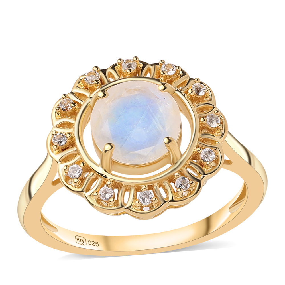 Inel din Argint 925 Placat cu Aur ( 3.72 grame ) cu Piatra Lunii Curcubeu Clasa ”AA” și Topaz Alb 1.84 Carate