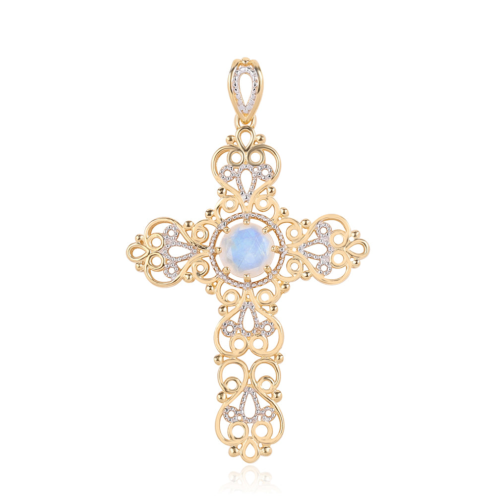 Cruce Pandantiv din Argint 925 Placat cu Aur ( 5.4 grame ) cu Piatra Lunii Curcubeu Clasa ”AA” 1.24 Carate 1 