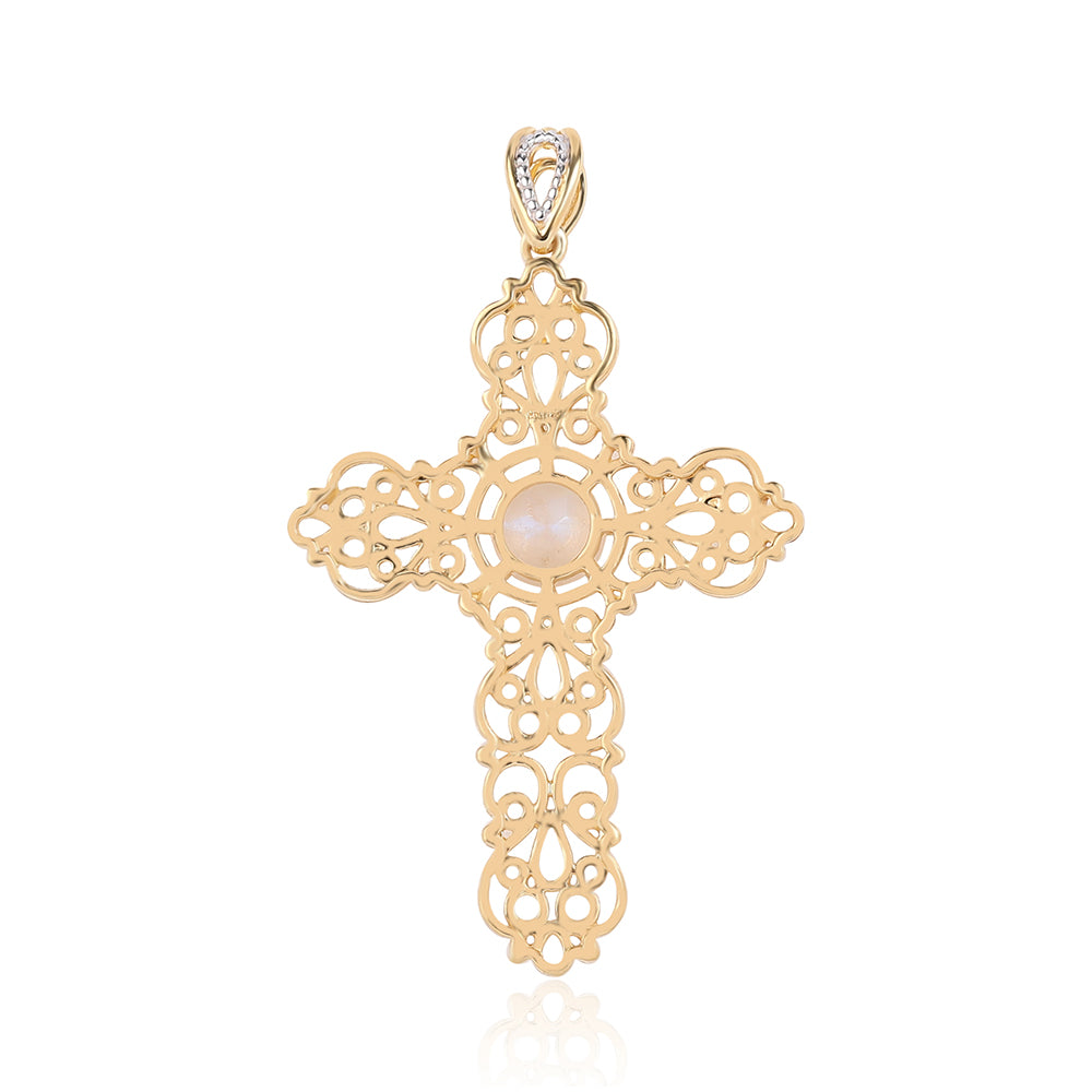 Cruce Pandantiv din Argint 925 Placat cu Aur ( 5.4 grame ) cu Piatra Lunii Curcubeu Clasa ”AA” 1.24 Carate 3 