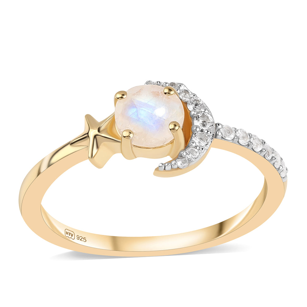 Inel din Argint 925 Placat cu Aur ( 1.7 grame ) cu Piatra Lunii Curcubeu Clasa ”AA” și Topaz Alb 0.83 Carate