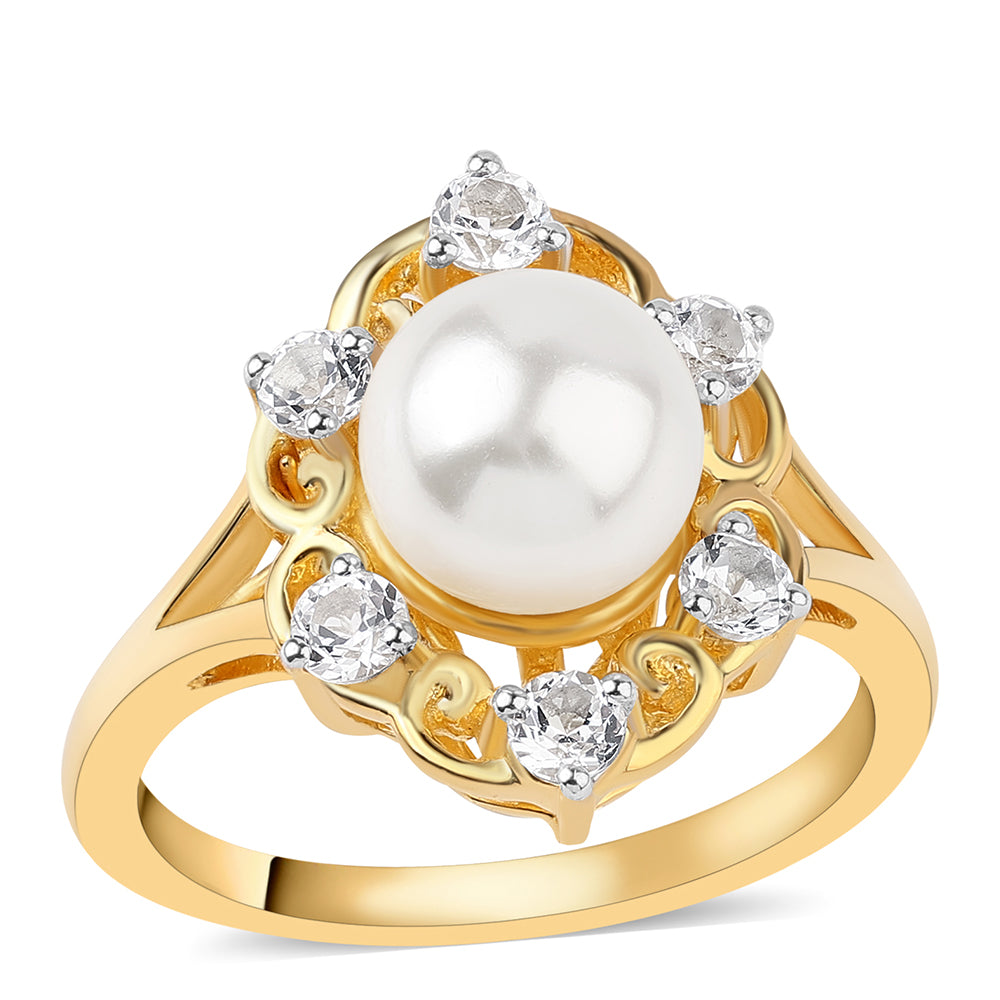 Inel din Argint 925 Placat cu Aur ( 4.58 grame ) cu Perlă de Apă Dulce Albă și Topaz Alb 4.86 Carate