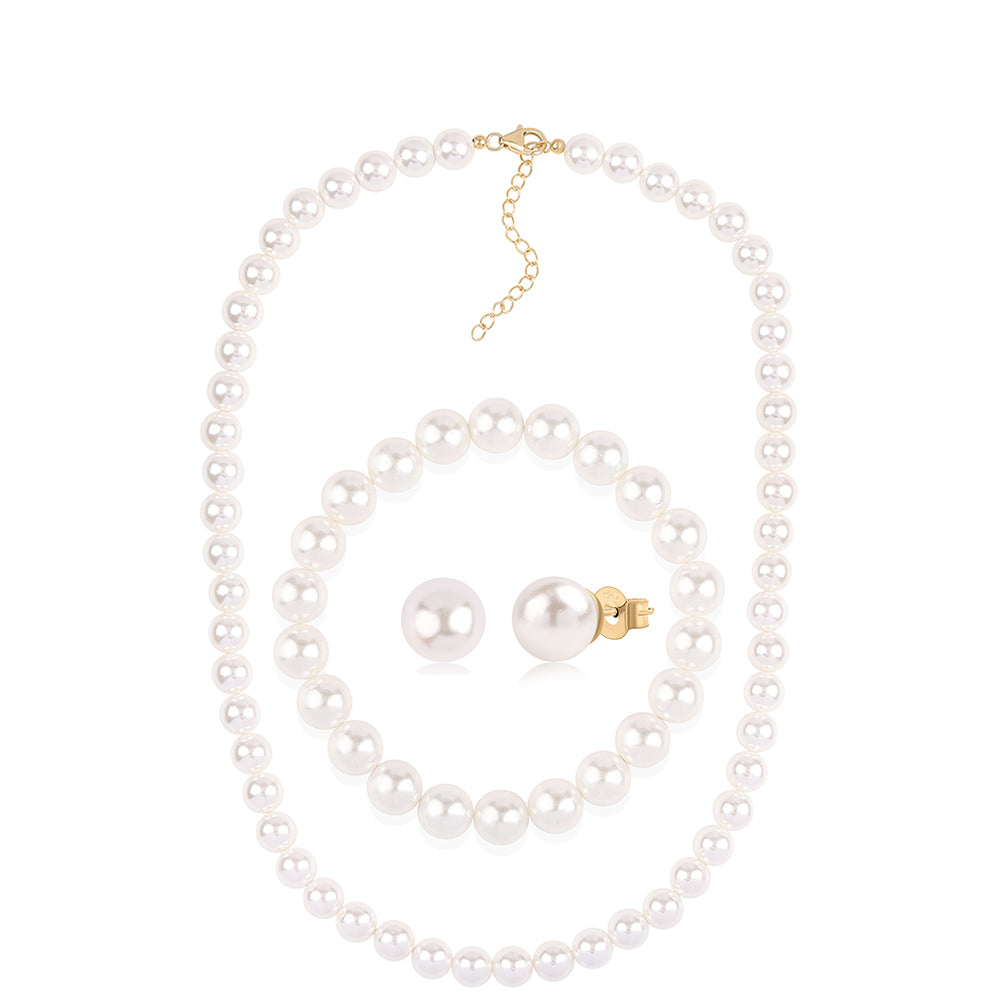 Set din Argint 925 Placat cu Aur ( 1.81 grame ) cu Perlă de Apă Dulce Albă 314.2 Carate ( Colier+Cercei+Brățară )