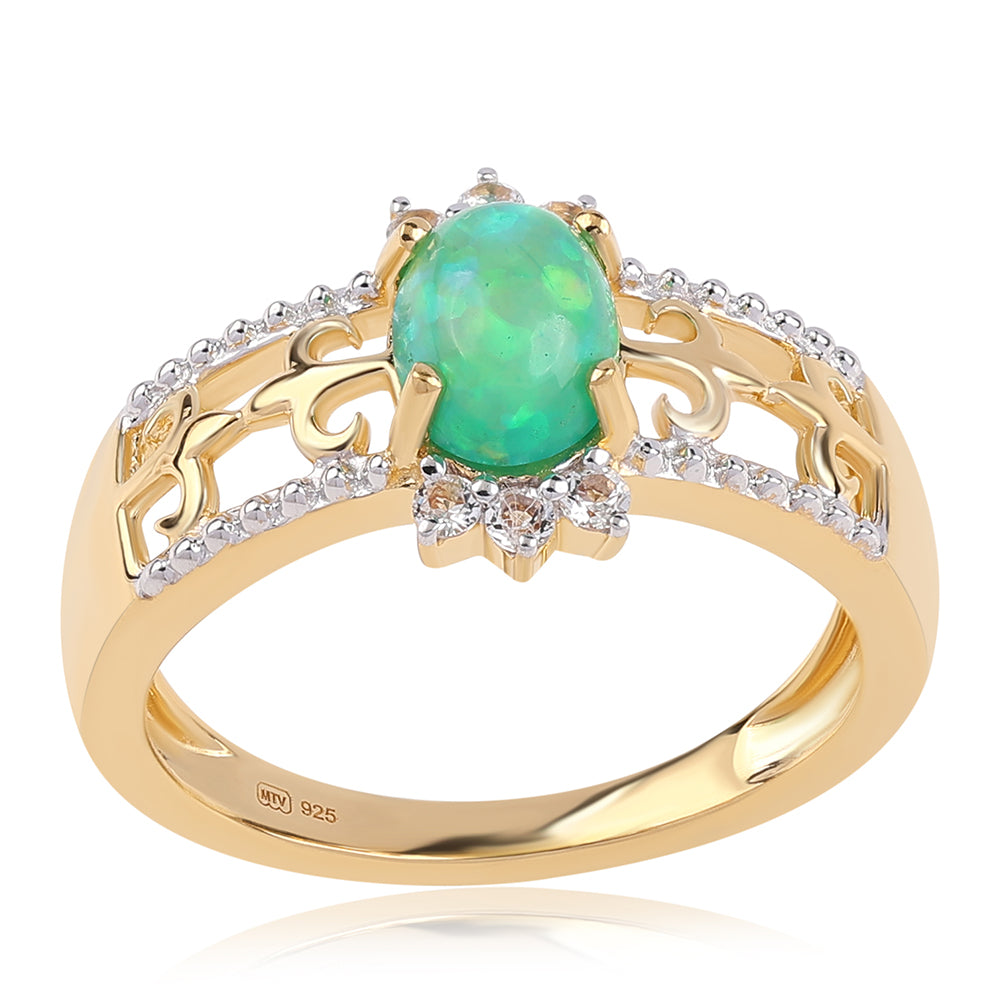 Inel din Argint 925 Placat cu Aur ( 3.46 grame ) cu Opal Verde Etiopian Lega Dembi și Topaz Alb 0.87 Carate