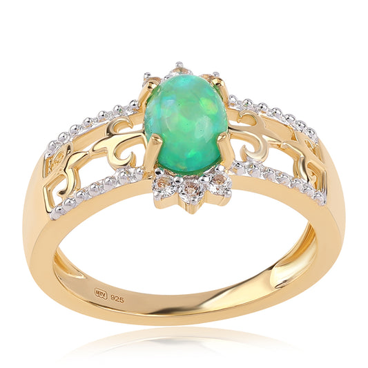 Inel din Argint 925 Placat cu Aur ( 3.46 grame ) cu Opal Verde Etiopian Lega Dembi și Topaz Alb 0.87 Carate