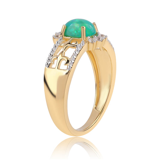 Inel din Argint 925 Placat cu Aur ( 3.46 grame ) cu Opal Verde Etiopian Lega Dembi și Topaz Alb 0.87 Carate