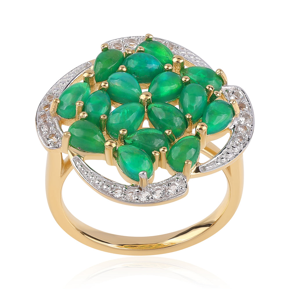 Inel din Argint 925 Placat cu Aur ( 5.12 grame ) cu Opal Verde Etiopian Lega Dembi și Topaz Alb 2.52 Carate 1 