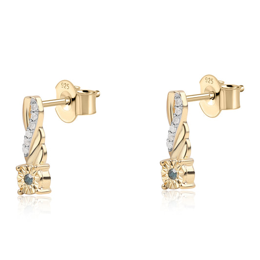 Cercei din Argint 925 Placat cu Aur ( 1.38 grame ) cu Diamant Albastru și Diamant Alb 0.08 Carate