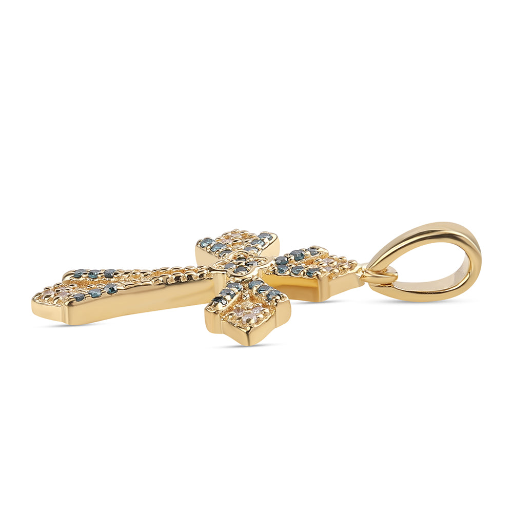 Cruce Pandantiv din Argint 925 Placat cu Aur ( 1.79 grame ) cu Diamant Albastru și Diamant Alb 0.17 Carate 2 