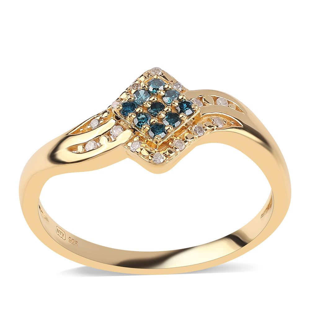 Inel din Argint 925 Placat cu Aur ( 2.16 grame ) cu Diamant Albastru și Diamant Alb 0.18 Carate 1 