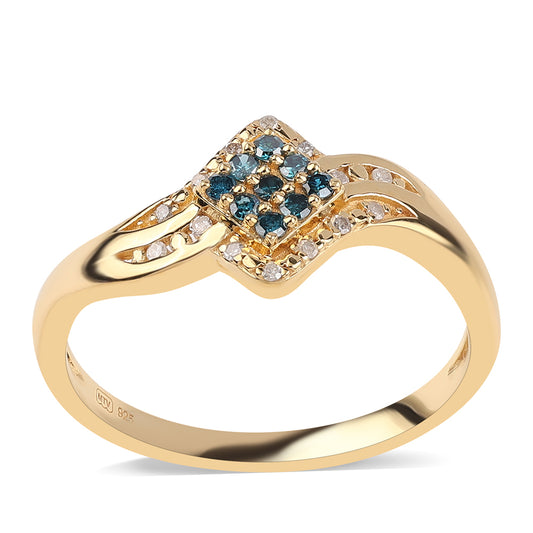 Inel din Argint 925 Placat cu Aur ( 2.16 grame ) cu Diamant Albastru și Diamant Alb 0.18 Carate