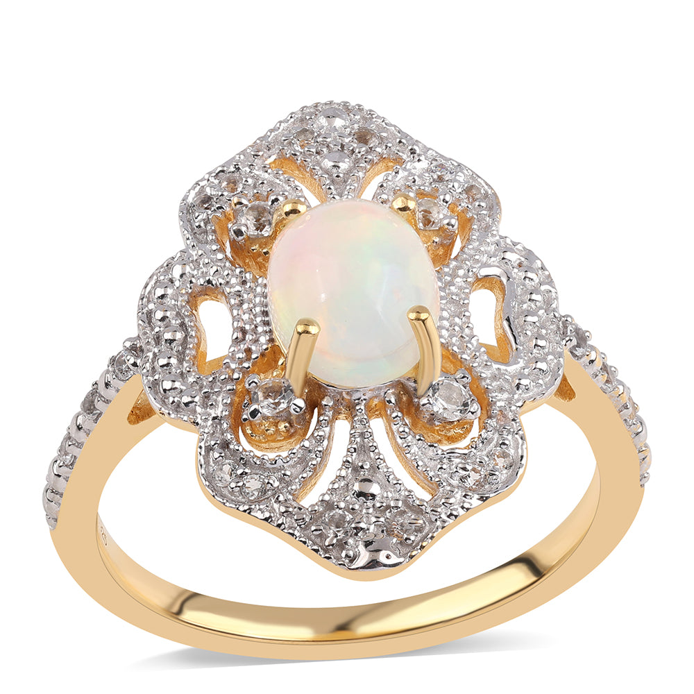 Inel din Argint 925 Placat cu Aur ( 3.69 grame ) cu Opal Etiopian Lega Dembi și Topaz Alb 1 Carate 1 