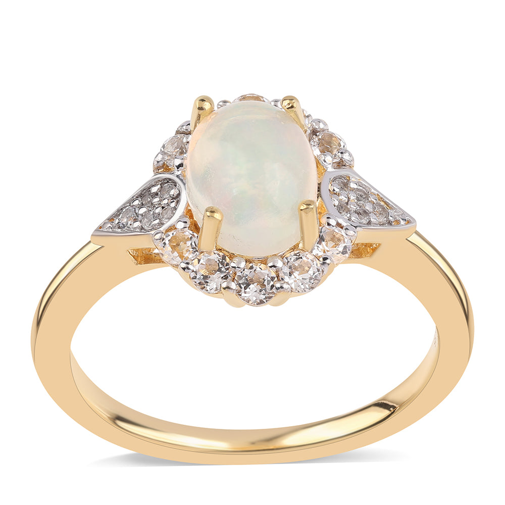 Inel din Argint 925 Placat cu Aur ( 2.56 grame ) cu Opal Etiopian Lega Dembi și Topaz Alb 1.28 Carate