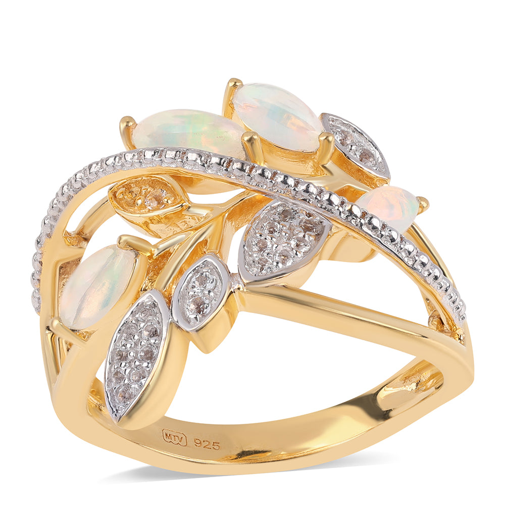Inel din Argint 925 Placat cu Aur ( 4.4 grame ) cu Opal Etiopian Lega Dembi și Topaz Alb 0.64 Carate