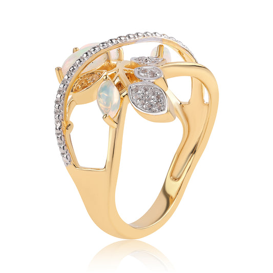 Inel din Argint 925 Placat cu Aur ( 4.4 grame ) cu Opal Etiopian Lega Dembi și Topaz Alb 0.64 Carate