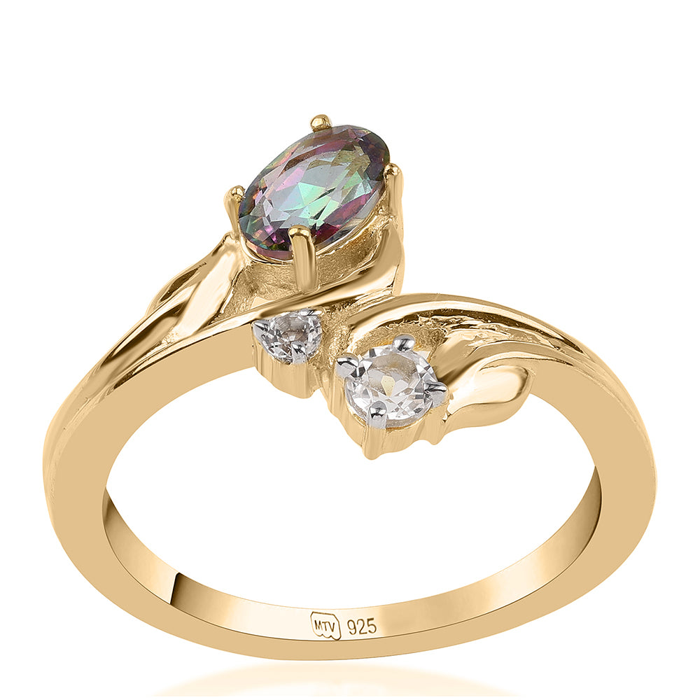 Inel din Argint 925 Placat cu Aur ( 2.71 grame ) cu Topaz Mistic și Topaz Alb 0.72 Carate 1 