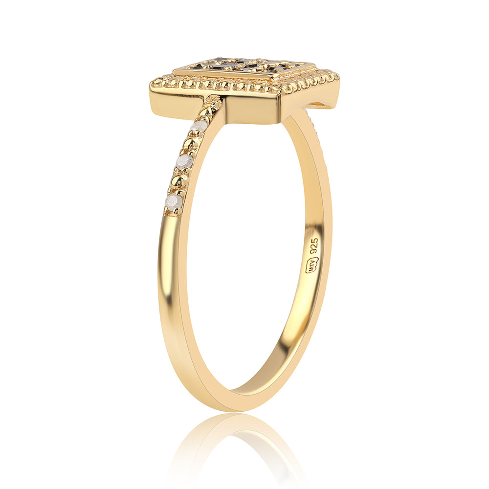 Inel din Argint 925 Placat cu Aur ( 2.43 grame ) cu Diamant Negru și Diamant Alb 0.23 Carate