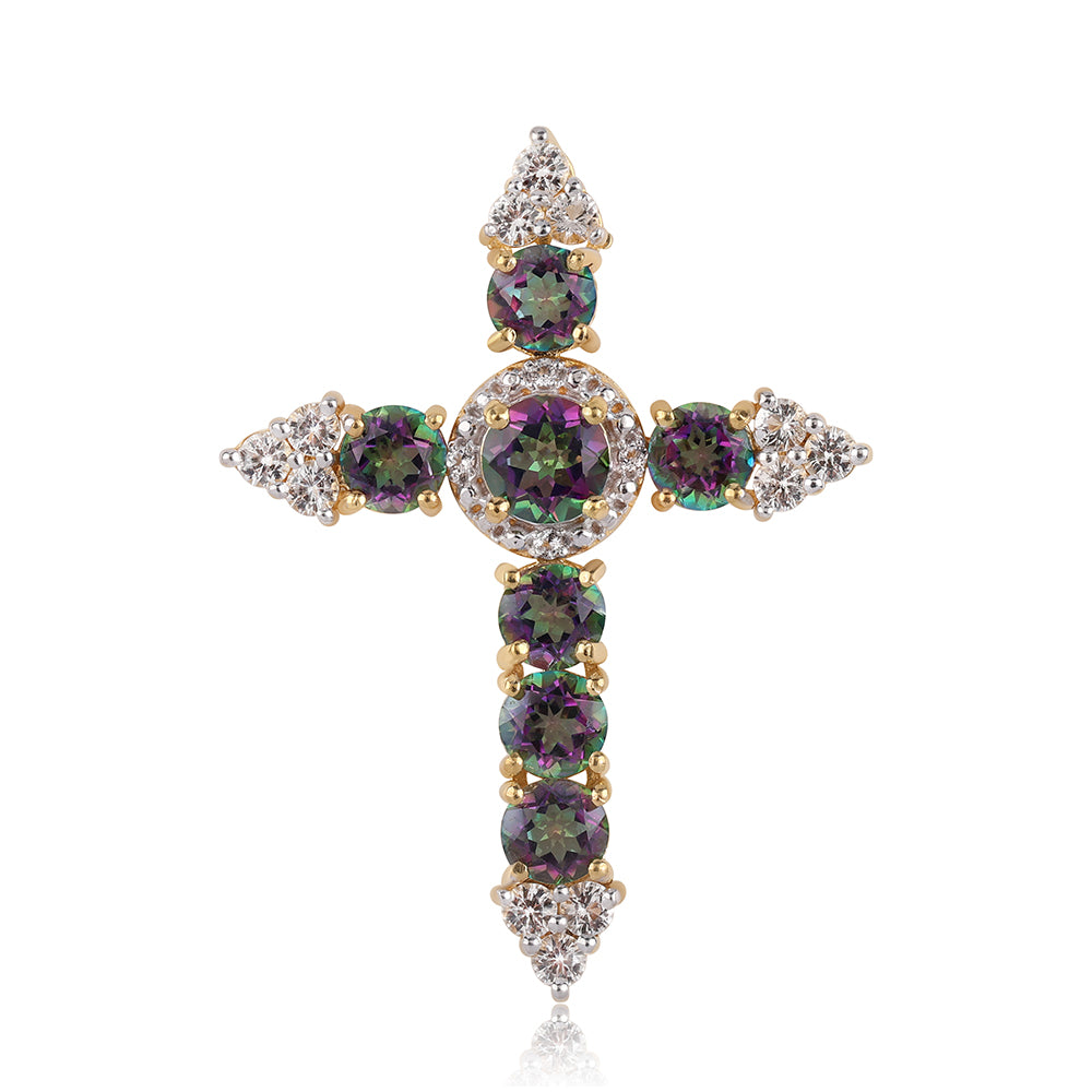 Cruce Pandantiv din Argint 925 Placat cu Aur ( 3.34 grame ) cu Topaz Mistic și Topaz Alb 5.2 Carate