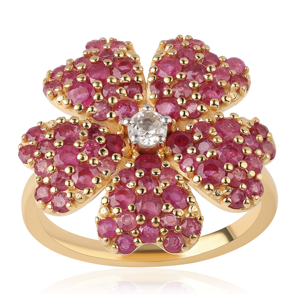 Inel din Argint 925 Placat cu Aur ( 4.23 grame ) cu Rubin Mozambic și Topaz Alb 1.65 Carate 1 