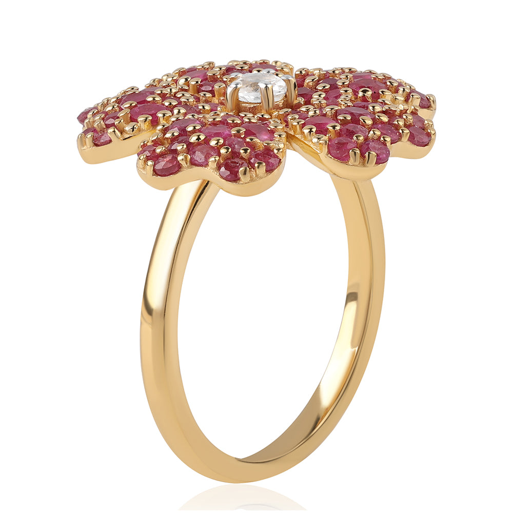 Inel din Argint 925 Placat cu Aur ( 4.23 grame ) cu Rubin Mozambic și Topaz Alb 1.65 Carate 2 