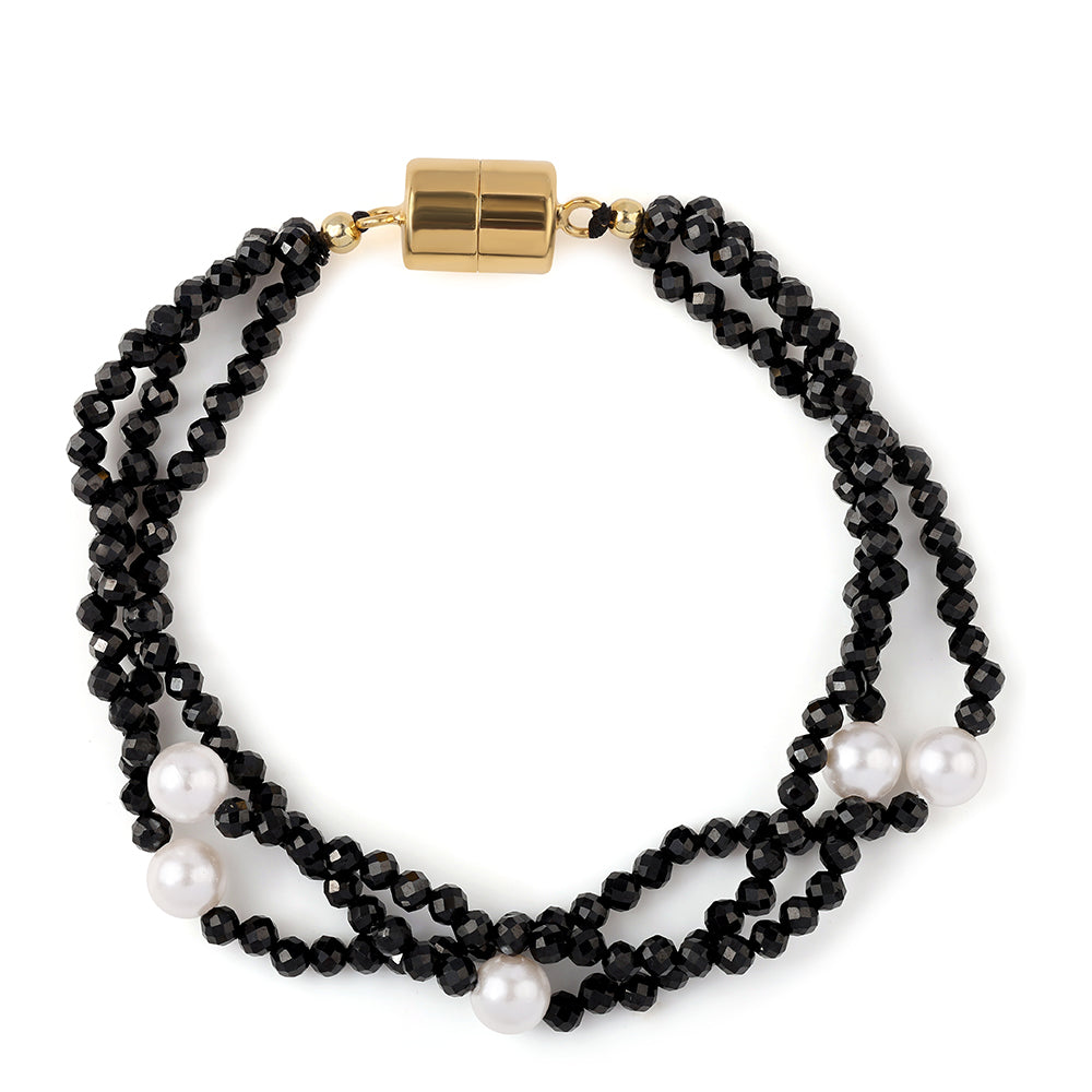 Brățară din Argint 925 Placat cu Aur ( 5.23 grame ) cu Spinel Negru și Perlă de Apă Dulce Albă 140 Carate