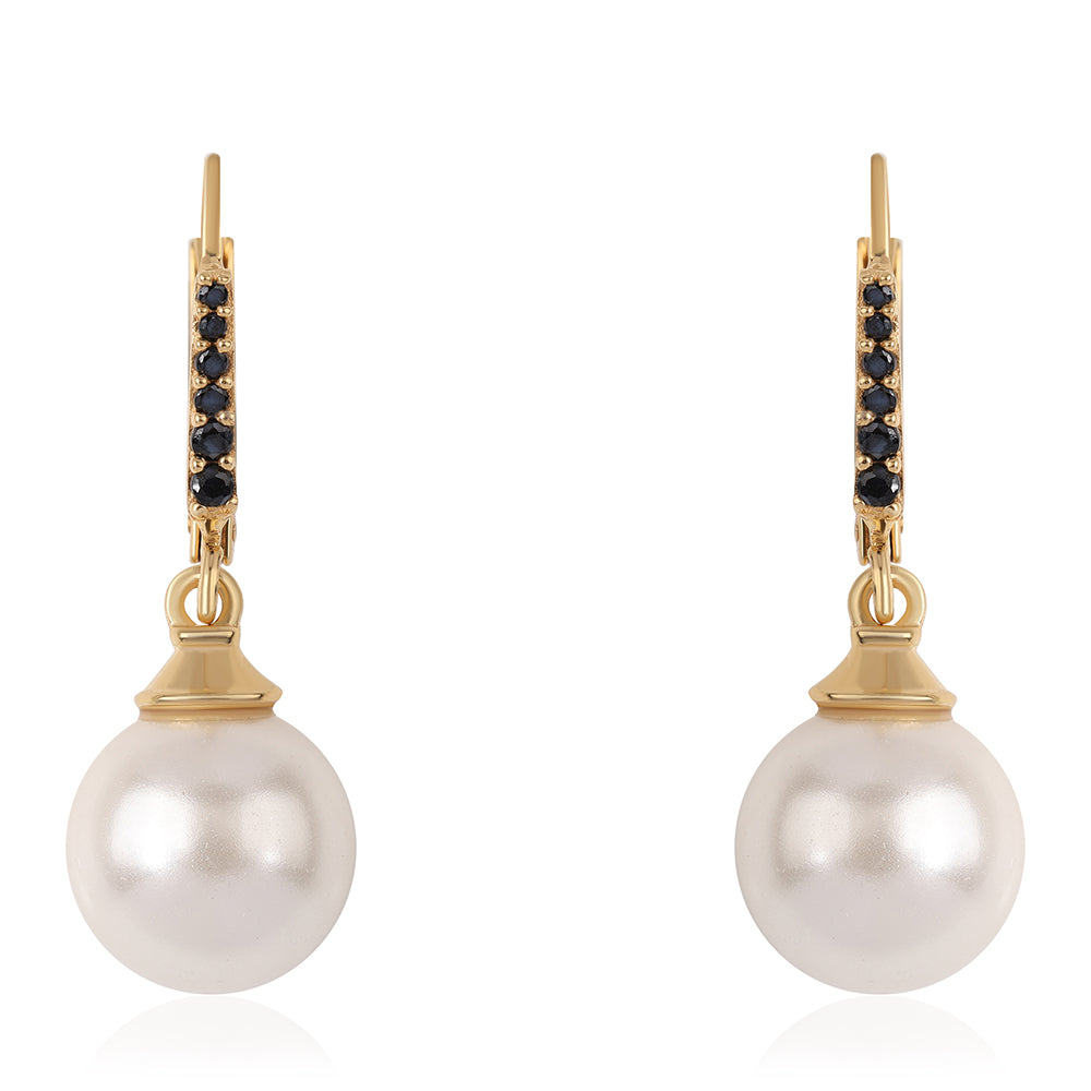 Cercei din Argint 925 Placat cu Aur ( 1.72 grame ) cu Spinel Negru și Perlă de Apă Dulce Albă 15.43 Carate