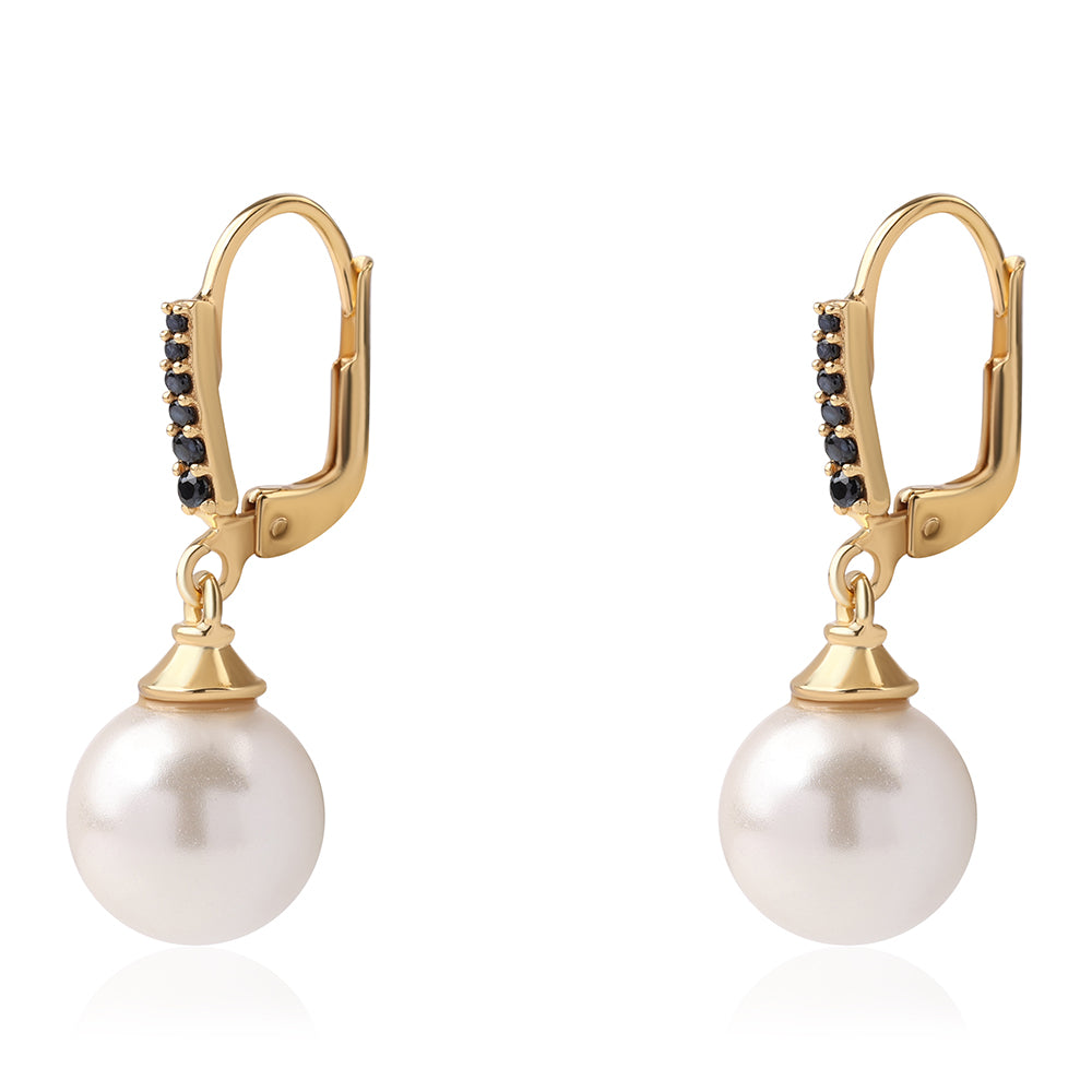 Cercei din Argint 925 Placat cu Aur ( 1.72 grame ) cu Spinel Negru și Perlă de Apă Dulce Albă 15.43 Carate