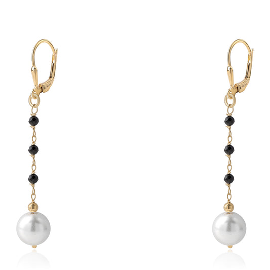 Cercei din Argint 925 Placat cu Aur ( 0.8 grame ) cu Spinel Negru și Perlă de Apă Dulce Albă 14.2 Carate