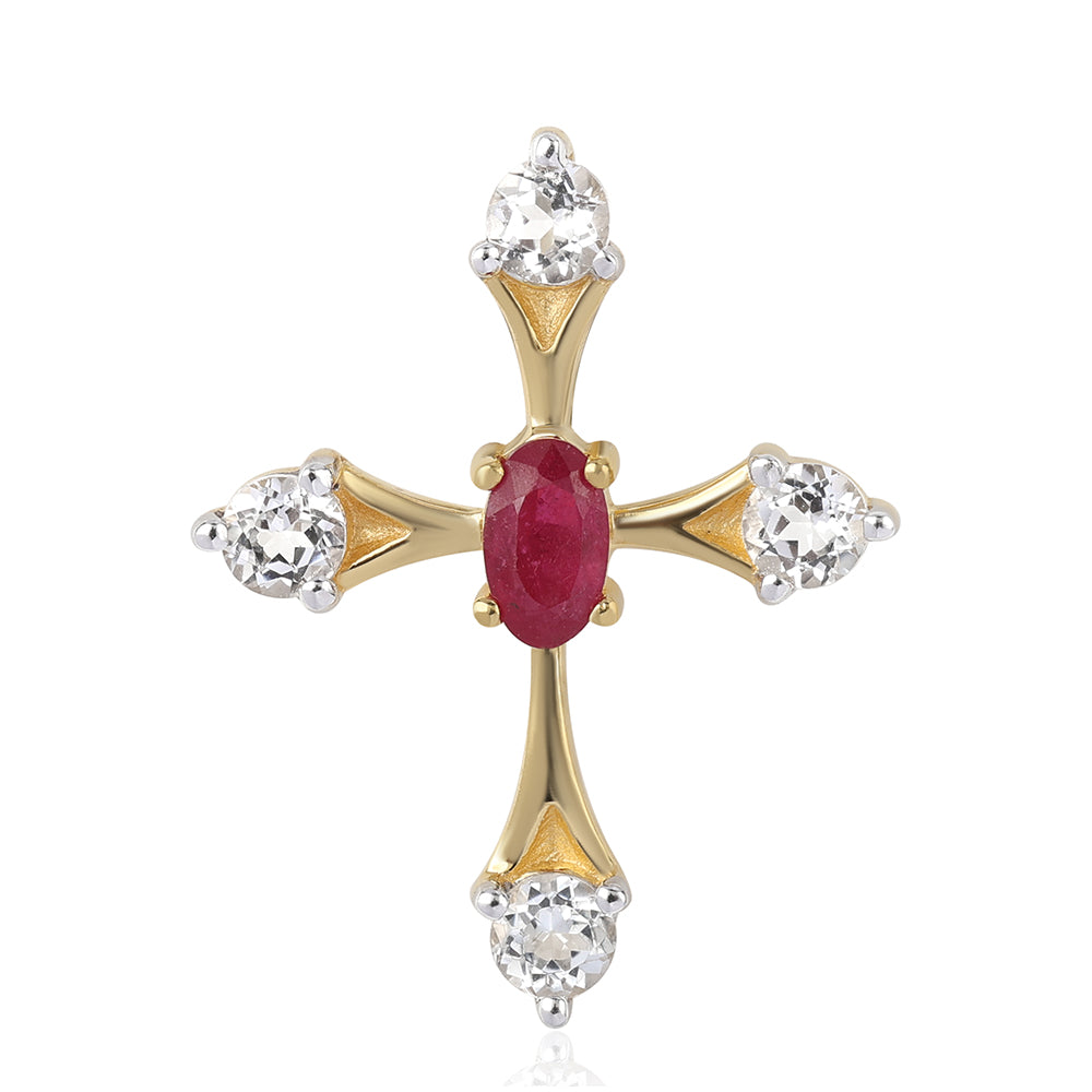 Cruce Pandantiv din Argint 925 Placat cu Aur ( 0.98 grame ) cu Rubin Mozambic și Topaz Alb 0.84 Carate 1 