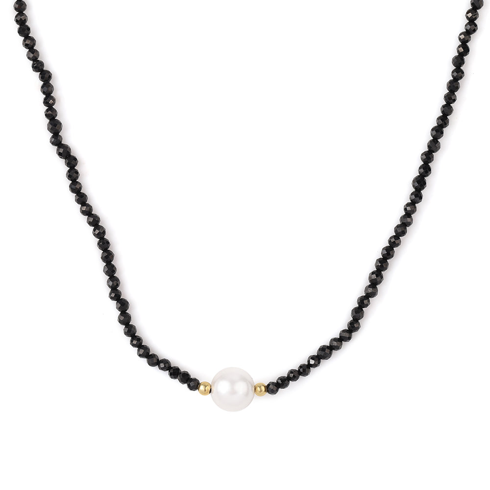 Colier din Argint 925 Placat cu Aur ( 0.94 grame ) cu Spinel Negru și Perlă de Apă Dulce Albă 38.05 Carate 1 
