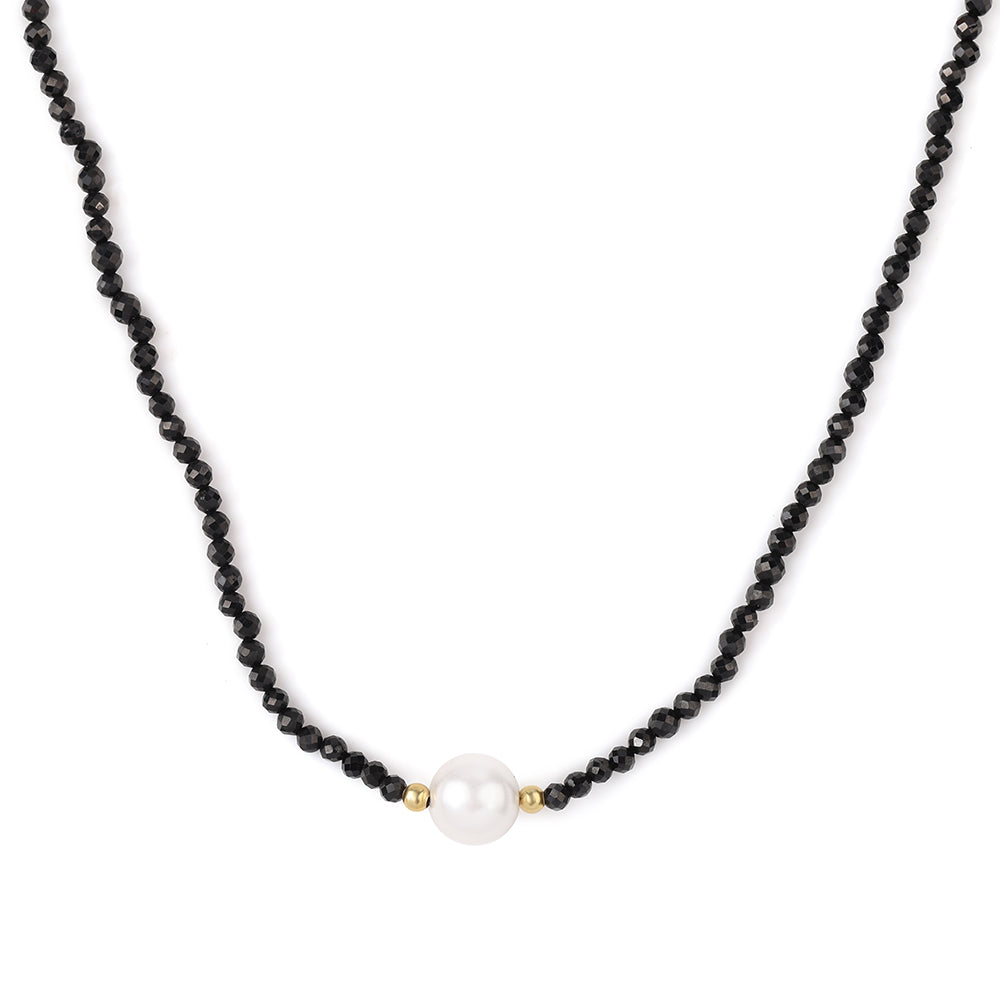 Colier din Argint 925 Placat cu Aur ( 0.94 grame ) cu Spinel Negru și Perlă de Apă Dulce Albă 38.05 Carate