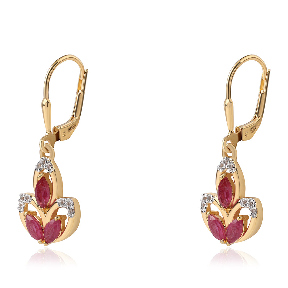 Cercei din Argint 925 Placat cu Aur ( 3.1 grame ) cu Rubin Mozambic și Topaz Alb 1.56 Carate 2 