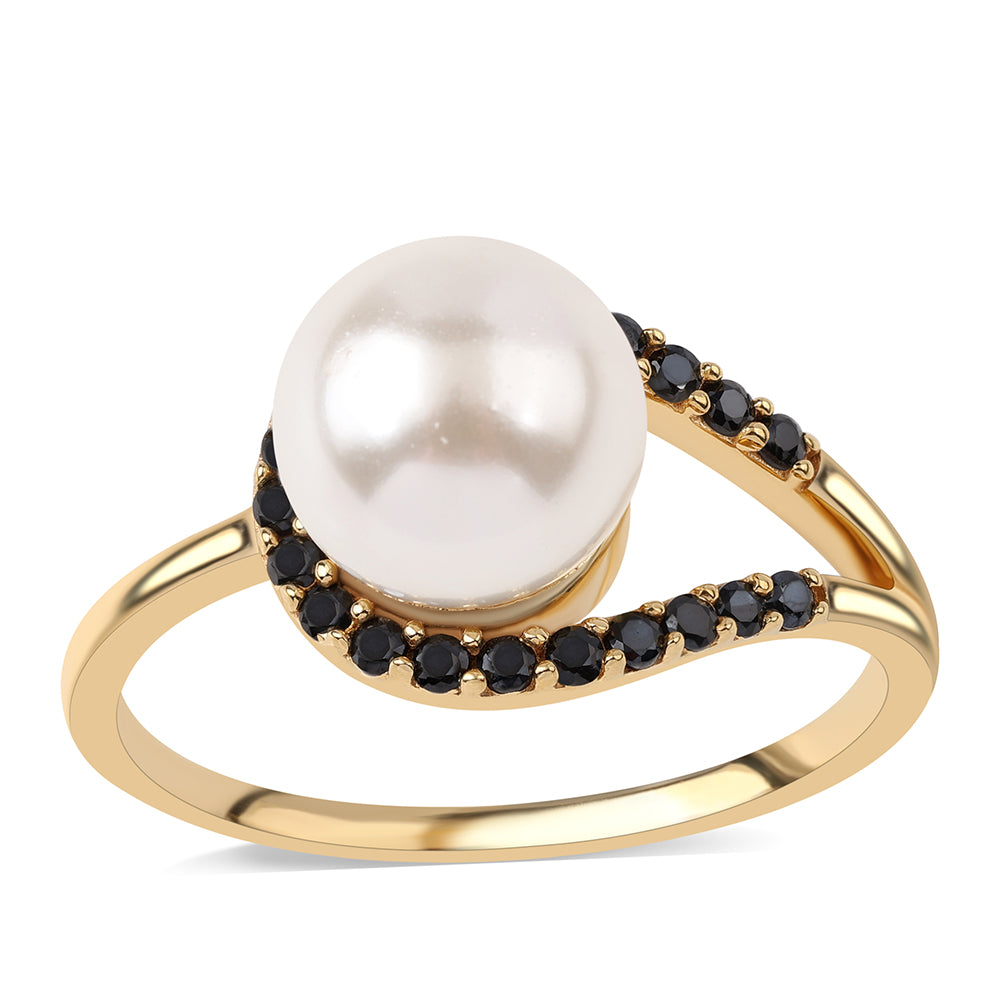 Inel din Argint 925 Placat cu Aur ( 2.92 grame ) cu Spinel Negru și Perlă de Apă Dulce Albă 6.26 Carate 1 